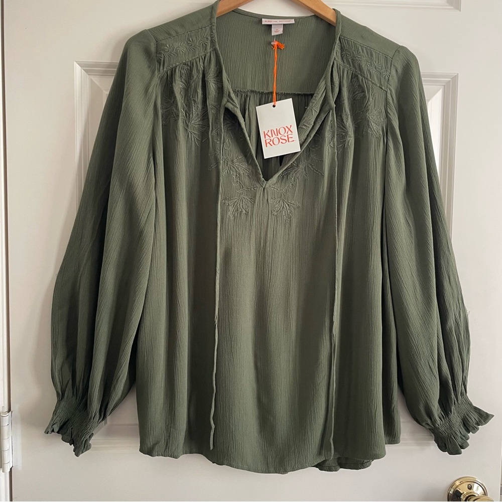 NWT Knox Rose Olive Green Long Sleeve Blouse